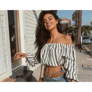 Missguided Women's Crop Top Puff Short Sleeve Stripes White/Brown Size 6 NWT